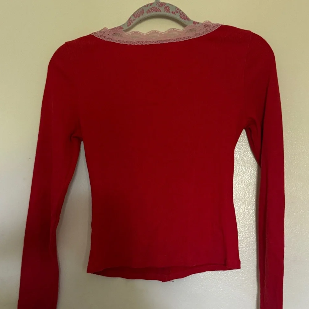 Rouje Red Cardigan with Pink Lace Trim - Picture 5 of 5